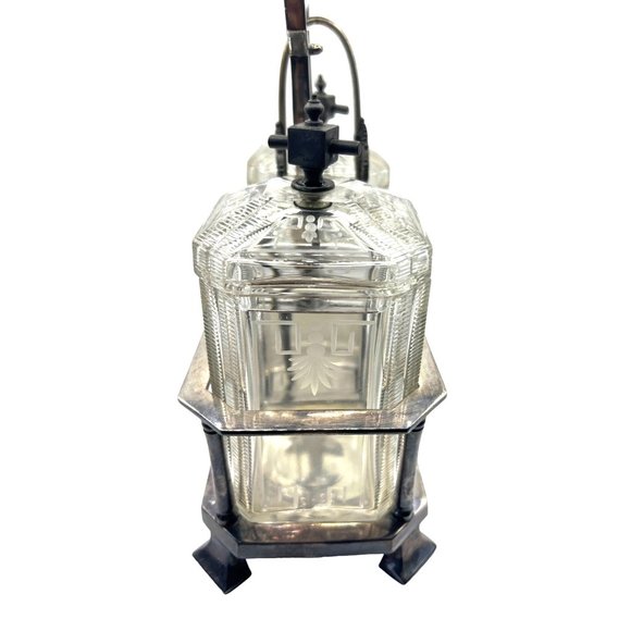 2 Antique Glass Condiment Set Meriden B Company Stand Pickle tongs‎ Castor - Picture 2 of 16